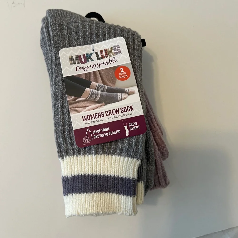 Muk Luks Womens Crew Socks 2 Pair‎ Grey Purple Striped Chenille Size 6-11 NWT